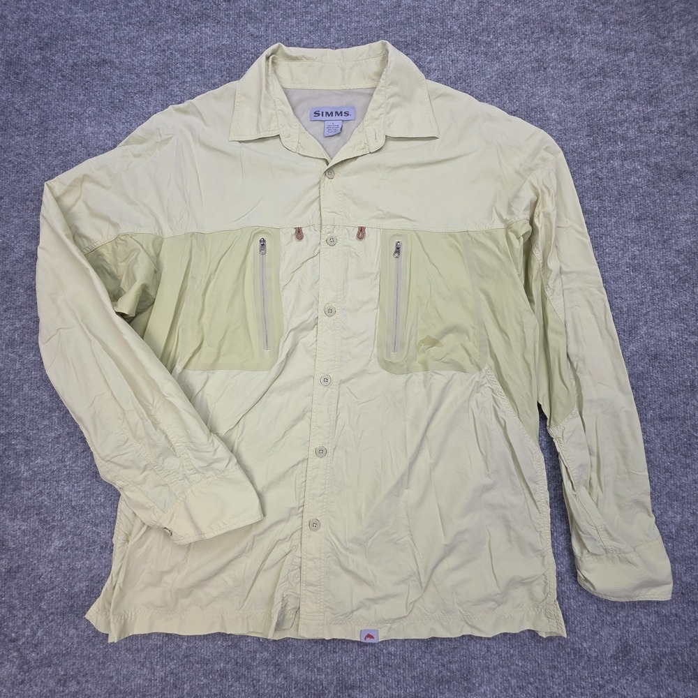 Simms Fishing Shirt Mens Large Nylon Zip Solid Green Long Sleeve Pockets Vent